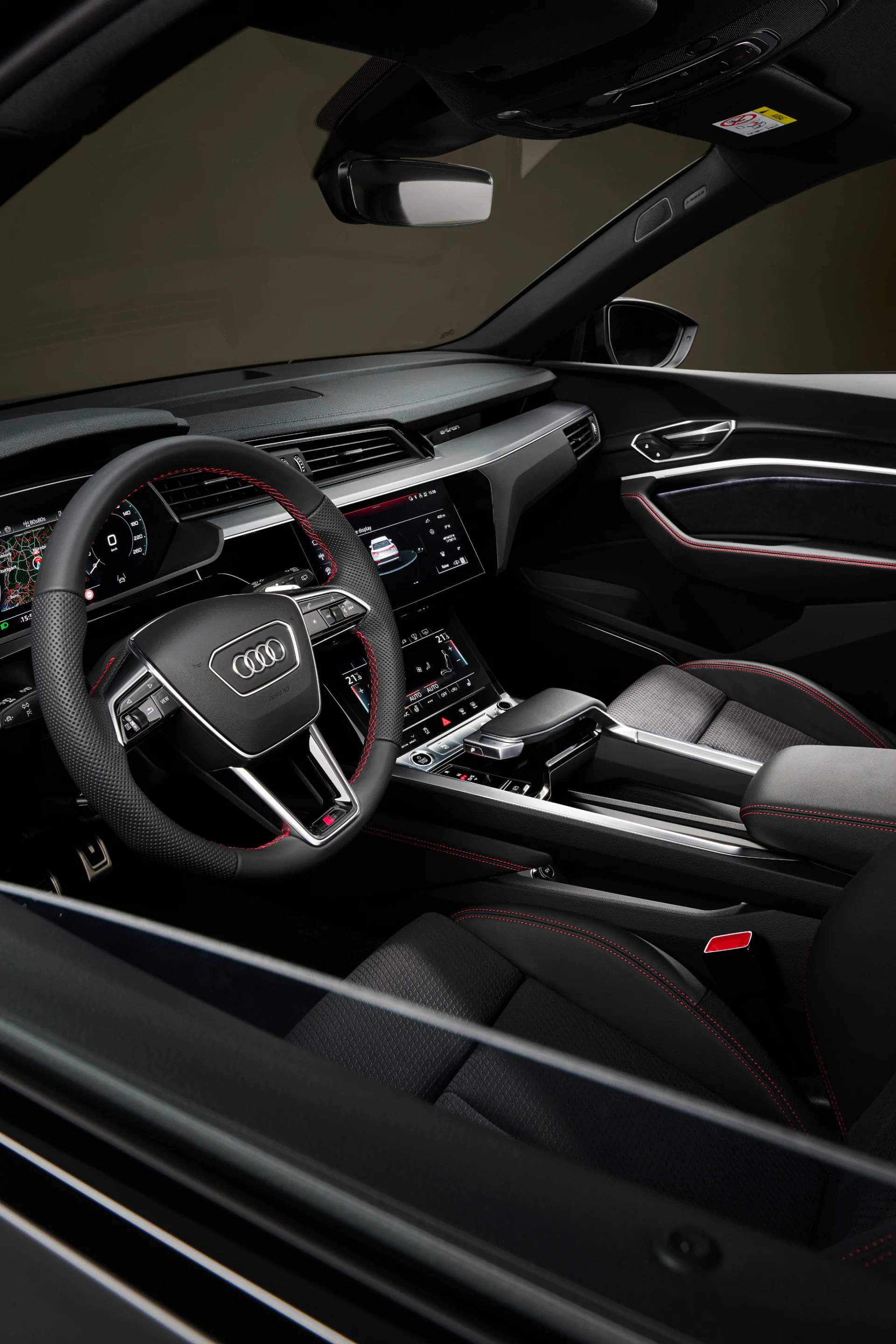 View of the interior of the Audi Q8 e-tron Dakar Edition.